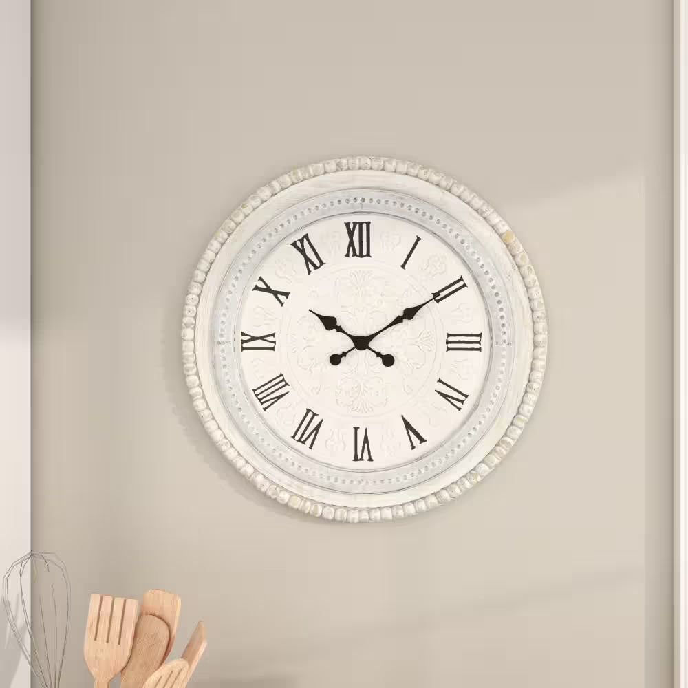 22 In. X 22 In. White Wood Carved Beading Wall Clock