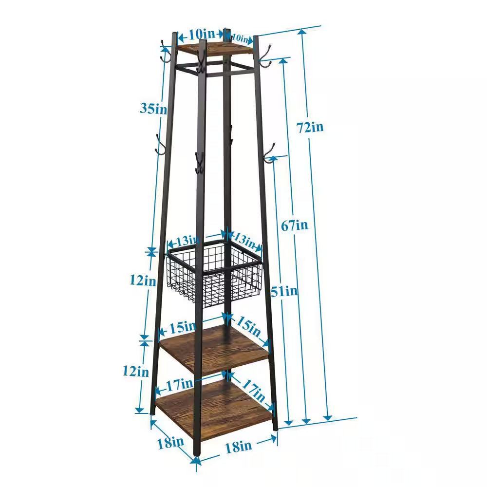 Brown Industrial Coat Rack Freestanding, Clothes Stand with Metal Basket and 2-Shelves, Purse Hanger with 8-Dual Hooks