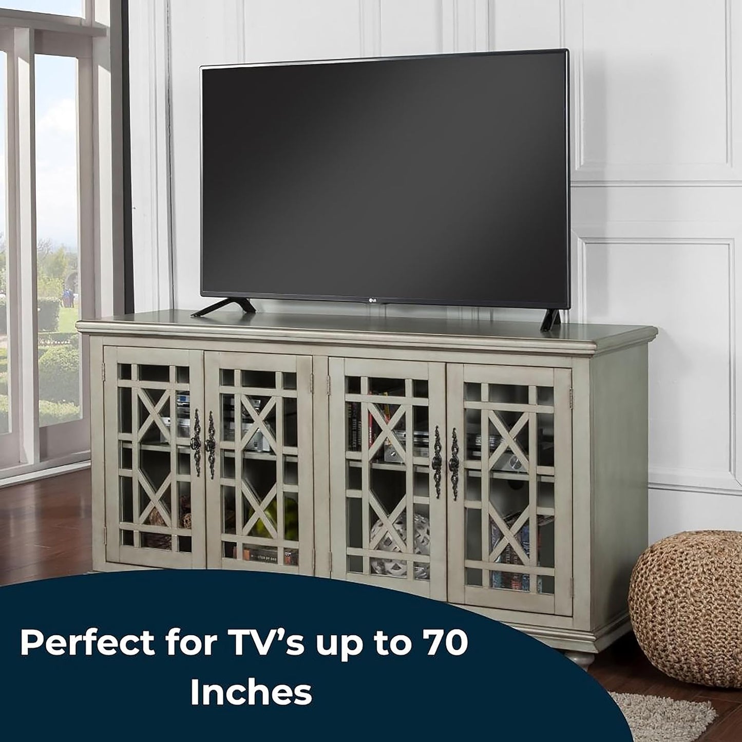 Elegant TV Stand, 63 in X 35 in (W X H), Antique Silver