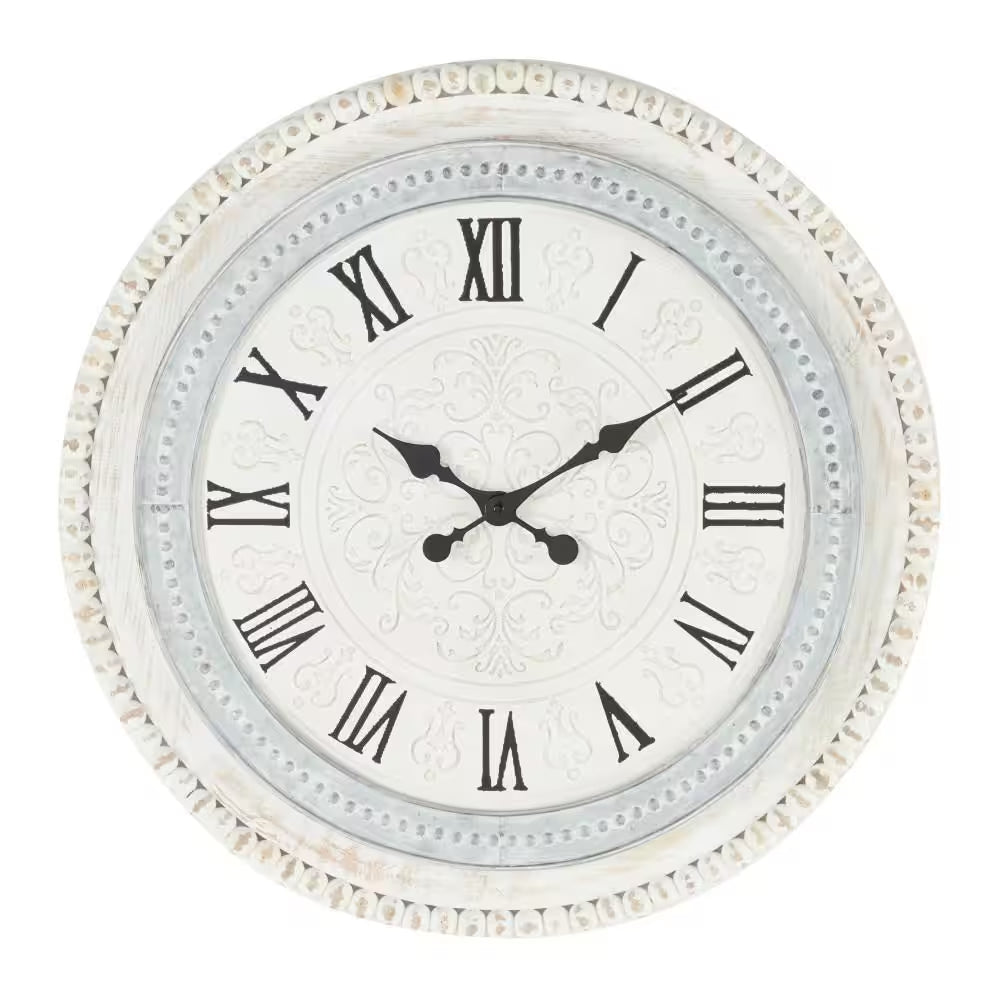 22 In. X 22 In. White Wood Carved Beading Wall Clock