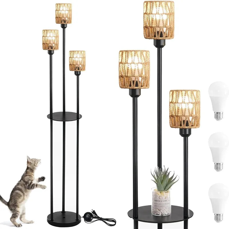 65" Boho Floor Lamp for Living Room Rattan Floor Lamp with Shelves, 3 LED Bulbs Included Standing Lamp, Floor Lamp