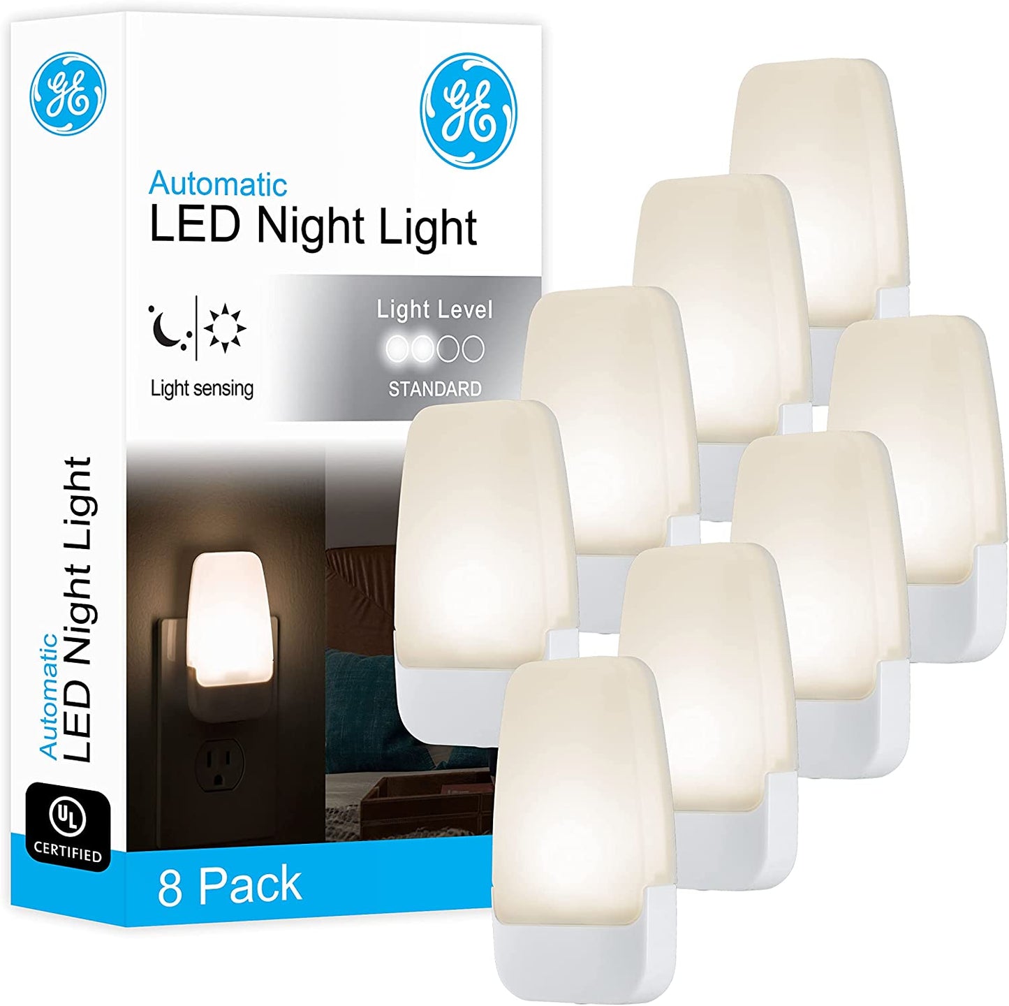 LED Night Light, Plug-In, Dusk to Dawn Sensor, Warm White, Ambient Lighting, Ideal Nightlight for Kids, Adults, Bedroom, Bathroom, Nursery, Hallway, Kitchen, 46478, 8 Pack