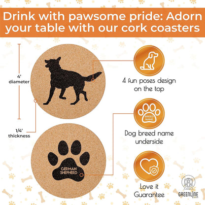 German Shepherd Lovers Cork Drink Coasters - Set of 4 Dog Coasters with Protective Bottom | German Shepherd Decor Coasters for Drinks| Great Gift Idea for German Shepherd Moms & Dads