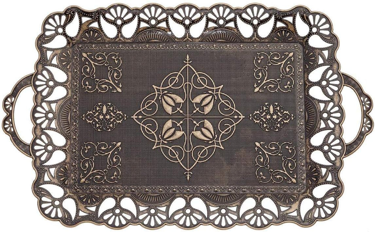 Handcrafted Large Turkish Ottoman Serving Tray with Floral Edges and Handles, Made from Zamac, Multi-Color Options (18.9" L X 12" W X 0.78" H) (Antique Green)