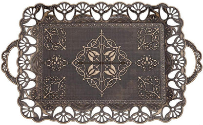 Handcrafted Large Turkish Ottoman Serving Tray with Floral Edges and Handles, Made from Zamac, Multi-Color Options (18.9" L X 12" W X 0.78" H) (Antique Green)