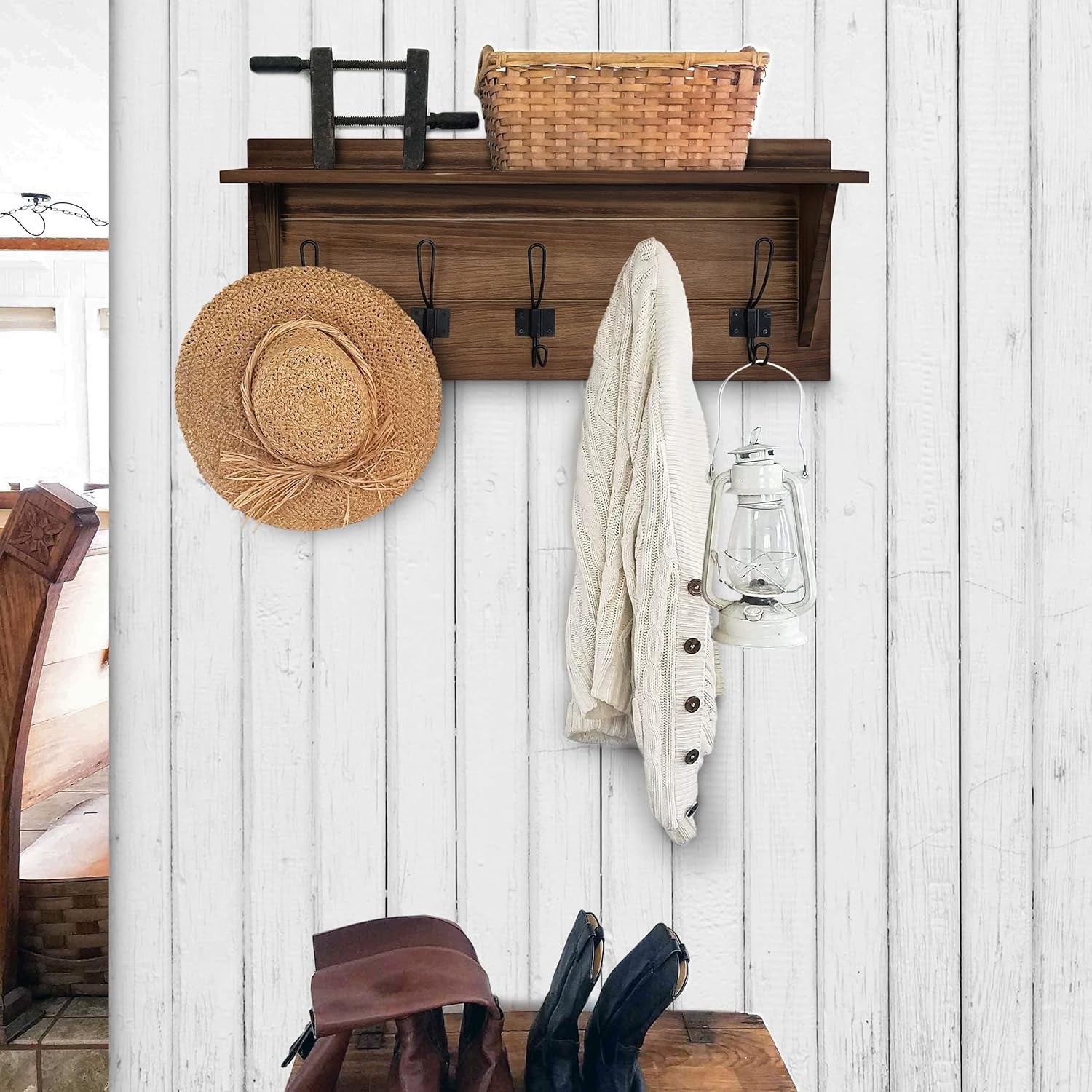 Rustic Brown Solid Wood Wall Mounted Coat Rack with Shelf, 5 Hooks, 24" Long - Kitchen, Mudroom, Entryway, Bathroom - Includes Mounting Hardware, Coat Hanger, Dog Leash Hooks