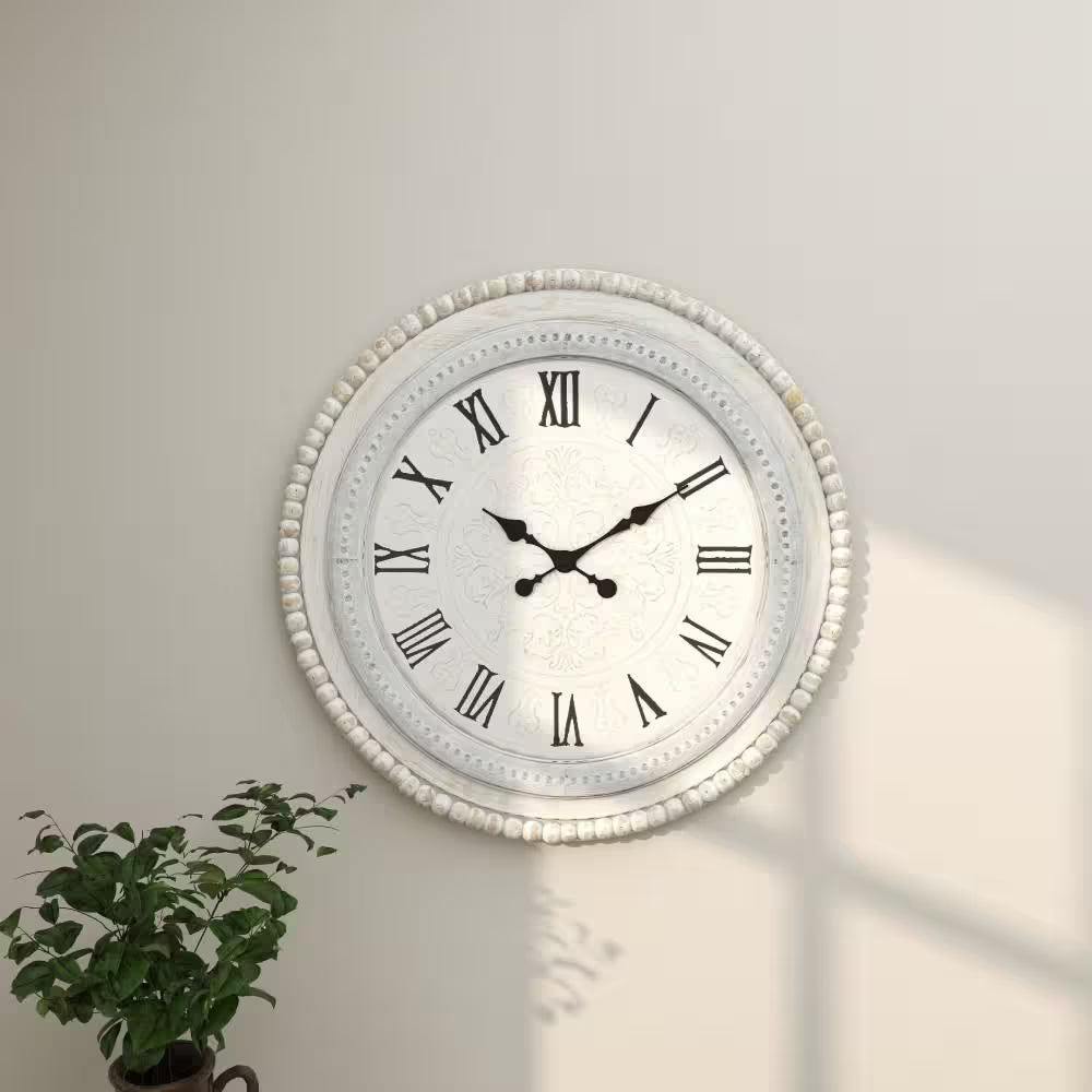 22 In. X 22 In. White Wood Carved Beading Wall Clock