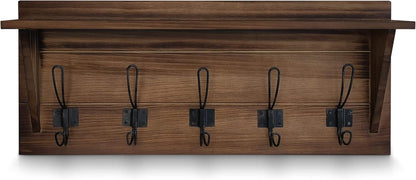 Rustic Brown Solid Wood Wall Mounted Coat Rack with Shelf, 5 Hooks, 24" Long - Kitchen, Mudroom, Entryway, Bathroom - Includes Mounting Hardware, Coat Hanger, Dog Leash Hooks