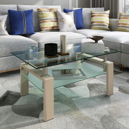 Modern Rectangle Glass Coffee Table Stylish Center Table for Living Room, Versatile Tempered Glass Coffee Table with Ample Storage Durable Metal Tube Design