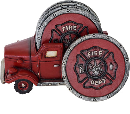 Fire Truck Coaster Set of 5 - Firefighter Kitchen Table Coasters Set Rustic Home Decor Living Room - Firefighter Coaster Sets with Holder Dining Room Decor and Accessories