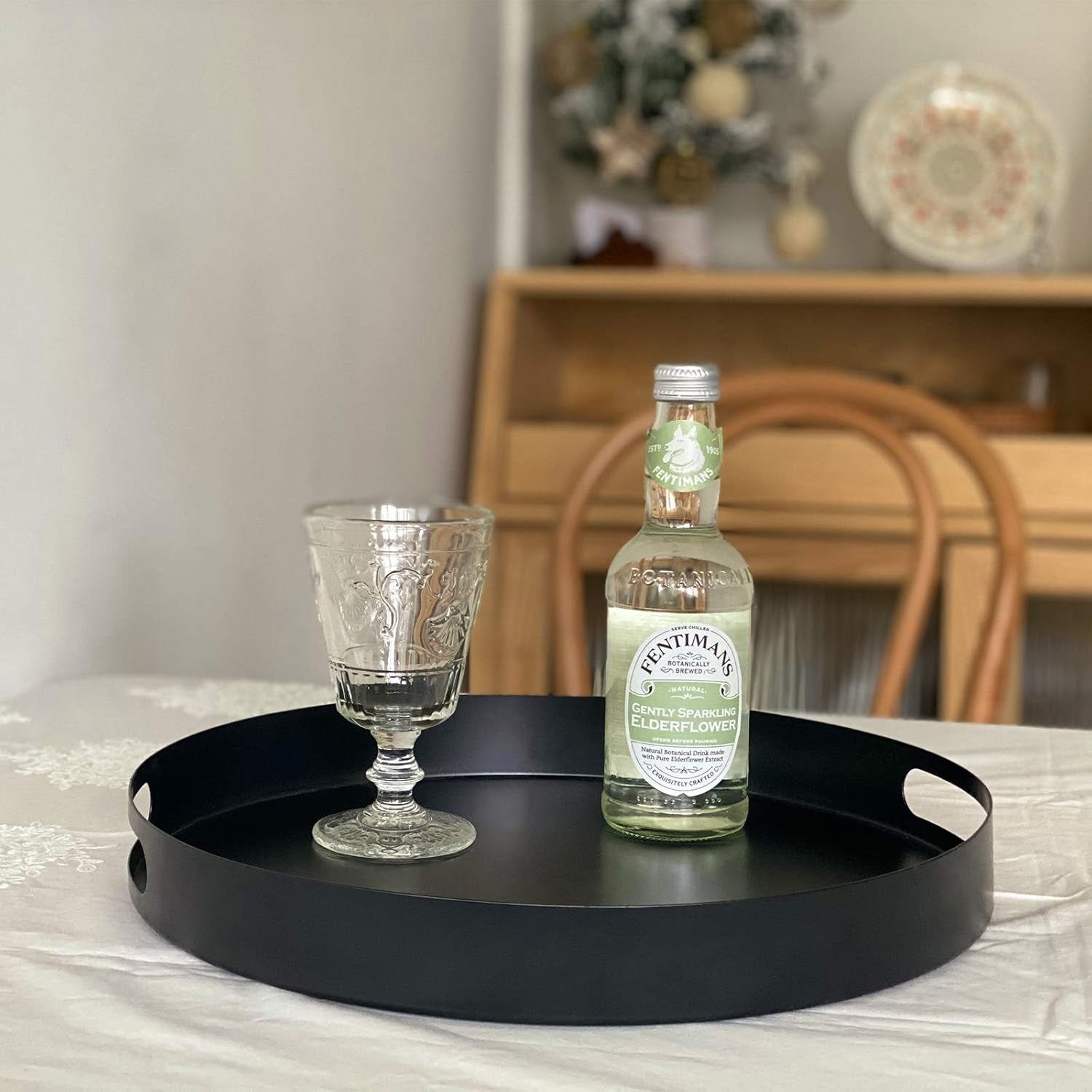 Modern round Decorative Iron Tray - Black 13" Coffee Table Serving Tray with Handles,Decorative Tray for Perfume,Vanity Counter Bathroom Tray