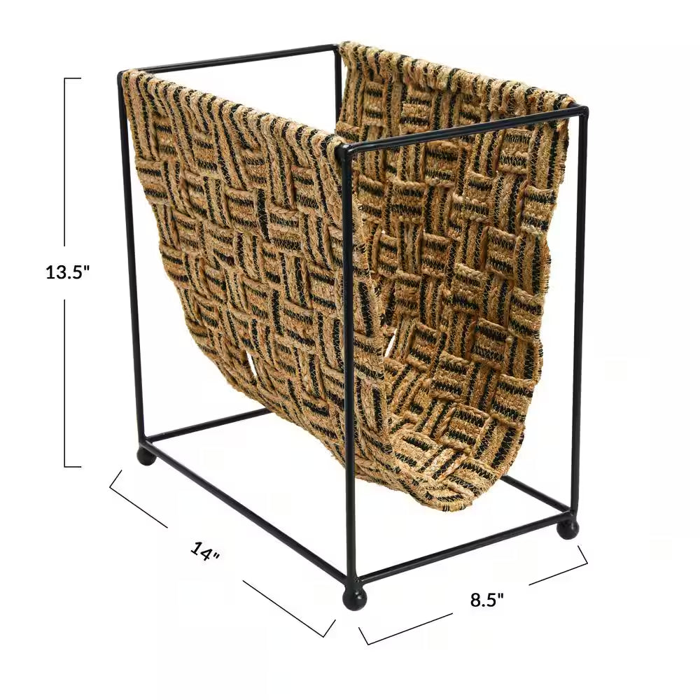 Woven Jute and Metal Magazine Holder in Beige and Black