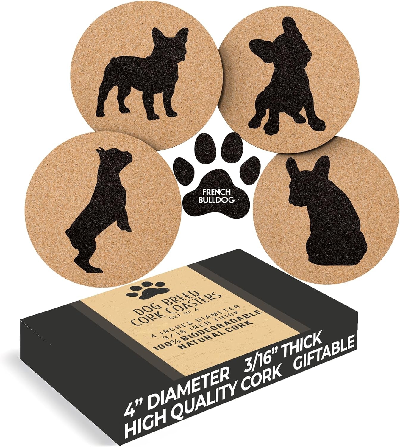 French Bulldog Lovers Cork Drink Coasters - Set of 4 Dog Coasters with Protective Bottom - French Bulldog Decor Coasters for Drinks - Frenchie Gift Idea for French Bulldog Moms & Dads