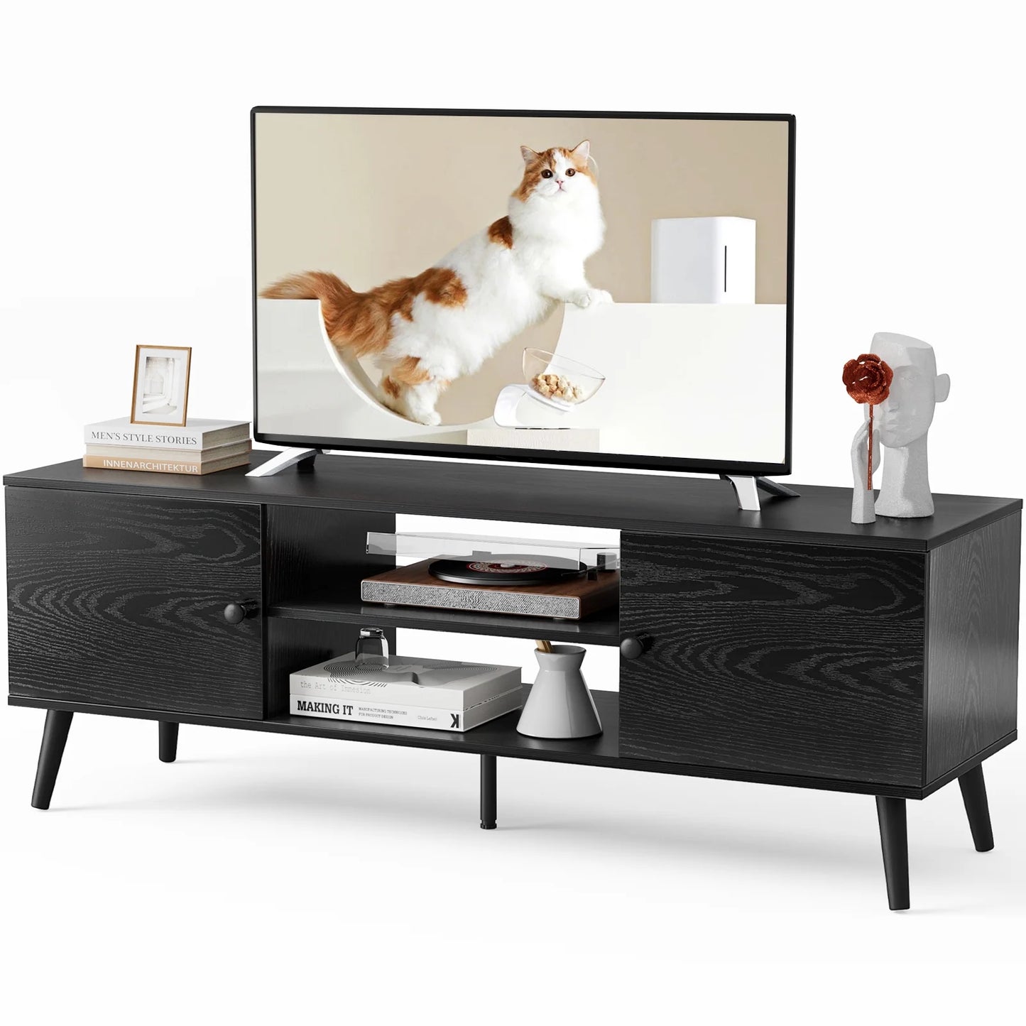 55 60-Inch TV Stand, Entertainment Center, Mid-Century Modern TV Media Console, Ample Storage Cabinet, Adjustable Wooden TV Table for Living Room or Bedroom, Black