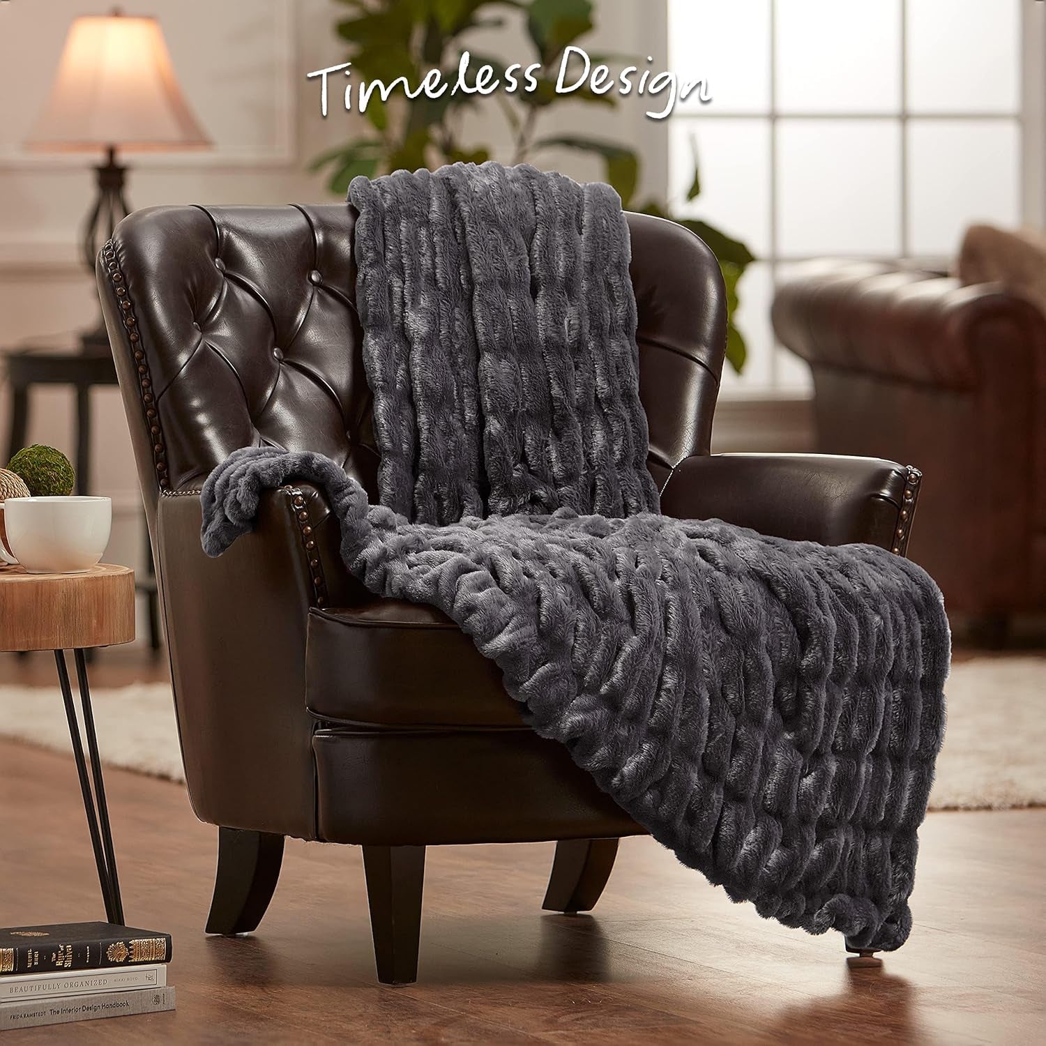 Premium Ruched Faux Fur Throw Blanket - Luxurious, Soft Reversible Mink Blanket - 50" X 65” - Gray