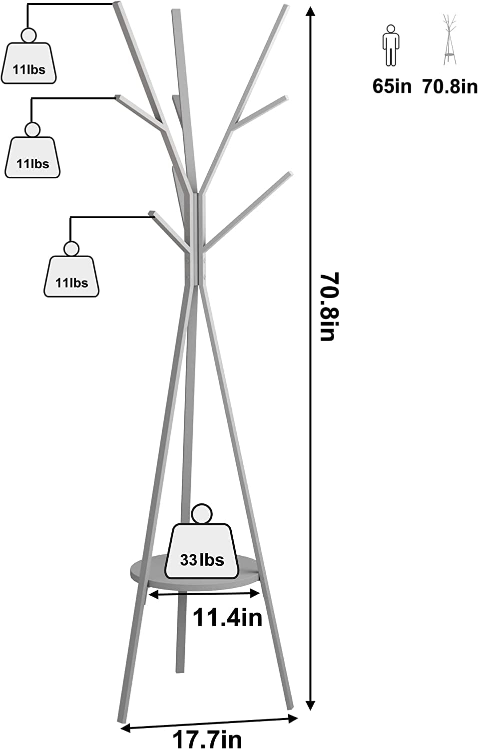 Coat Rack Hat Stand Free Standing Display Hall Tree Metal Hat Hanger Garment Storage Holder with 9 Hooks for Clothes Hats and Scarves in Black,17.72"Wx17.72"Dx70.87"H (Grey)