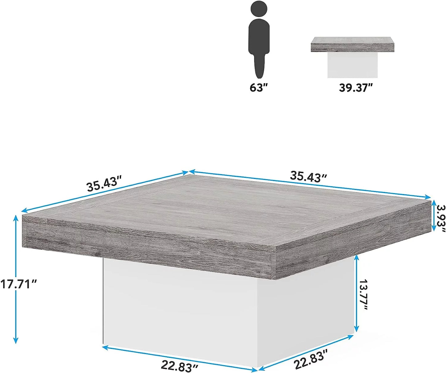 Farmhouse Coffee Table Square LED Coffee Table Engineered Wood Coffee Table for Living Room Rustic Grey & White Low Coffee Table