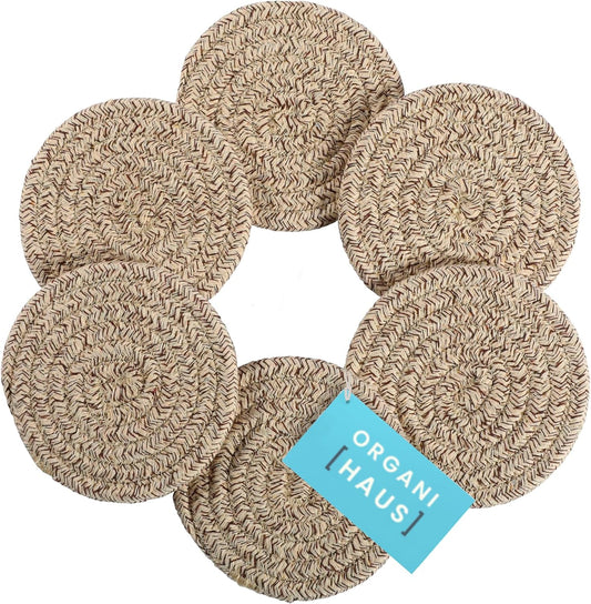 Set of 6 Brown Cute Coasters for Drinks, Absorbent Coasters, Farmhouse Coasters for Coffee Table, Desk Cup Coasters, Rustic Aesthetic Boho Coasters, Moisture Absorbing Woven Coasters