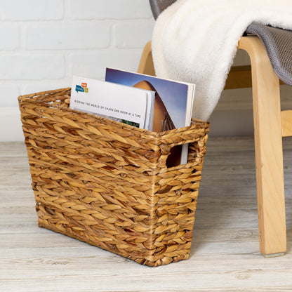 Water Hyacinth Wicker Magazine Storage Basket with Cut-Out Handles, Natural