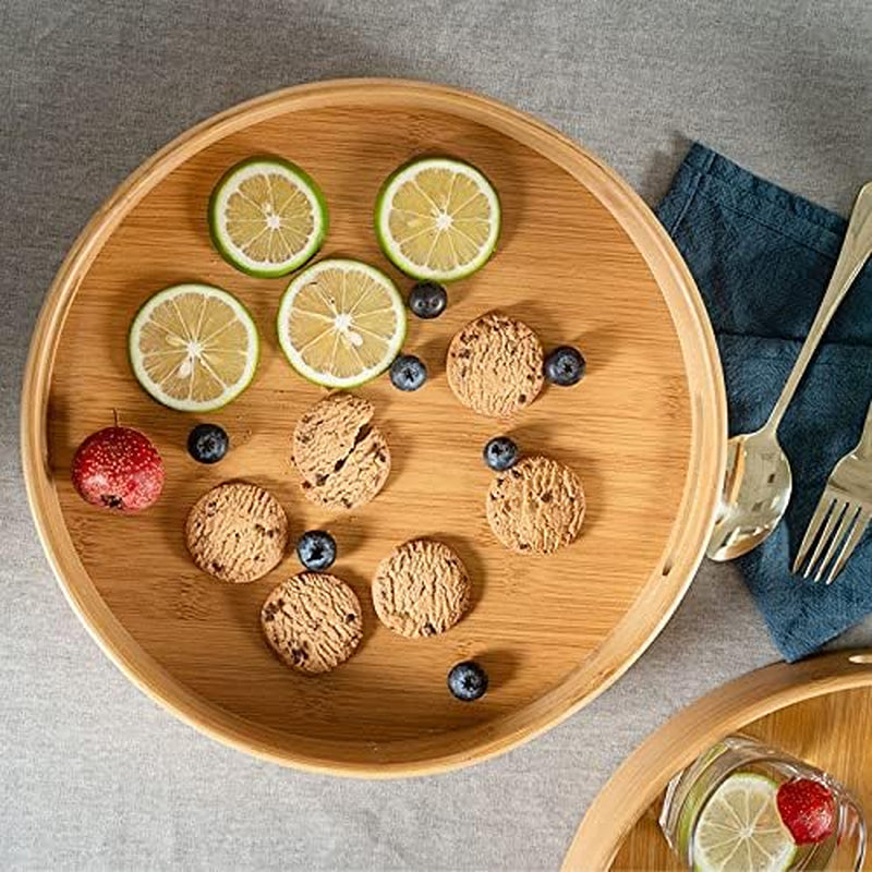 13.8 Inch Bamboo round Serving Tray, Wood Tray with Handles, Natural Wooden Tray for Ottoman, Kitchen/Coffee Table