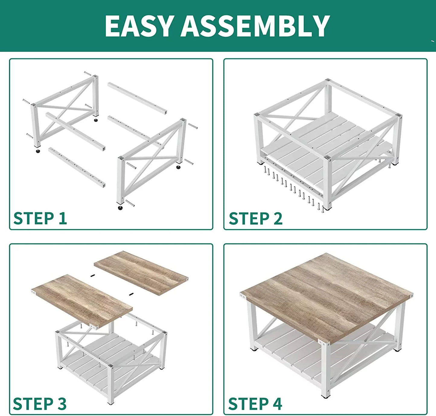 Farmhouse Coffee Table for Living Room, Square Wood Coffee Table with Open Storage Shelf