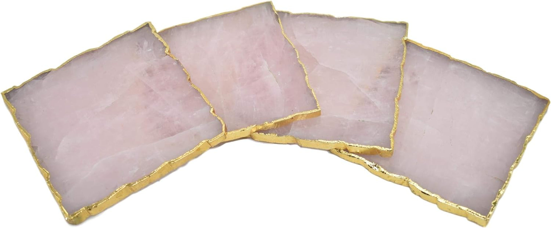 Nature’S Decorations - Luxury Rose Quartz Square Coaster Gold Trim, Non-Skid Slices with Rubber Stoppers, Quartz Decor Crystal Slices for Home or Office, Polished Stone Coasters, Set of 4, Approx. 4"