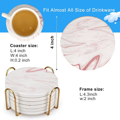 6 Pcs Cute Pink Marble Coasters Set for Drink Beverages Absorbent Ceramic Cup Coasters with Holder Decorative Tea Bar Coaster Gift Modern Aesthetic Coasters Kitchen House Home Decor Table Coasters