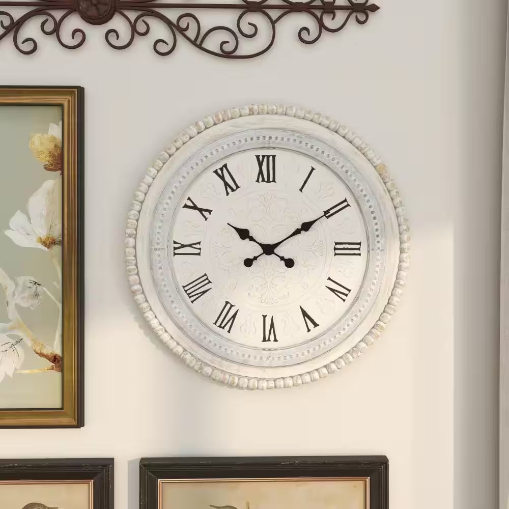 22 In. X 22 In. White Wood Carved Beading Wall Clock