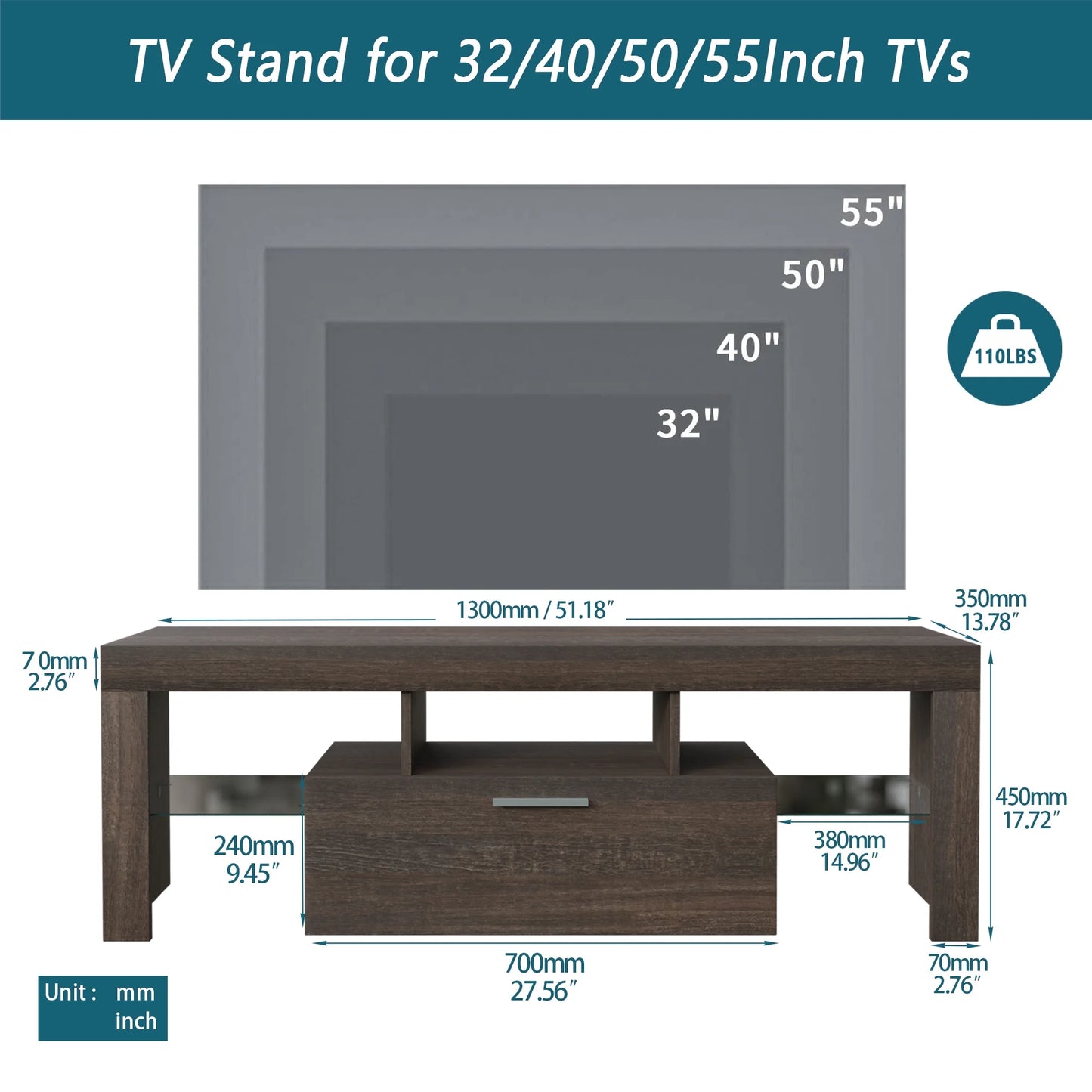 Farmhouse TV Stand for 55 Inch TV, Modern LED TV Stand, Entertainment Center with Storage Cabinet, Glass Shelves for Living Room, Bedroom, Brown