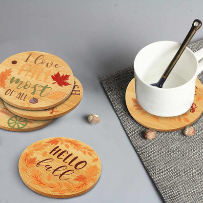 Thanksgiving Fall Wood Drink Coaster, Bamboo round Set of 6 Drink Coasters for Tabletop Protection Glass Cup Bottle Heat Resistant Farmhouse Rustic Home Decor Housewarming Harvest Gift Idea