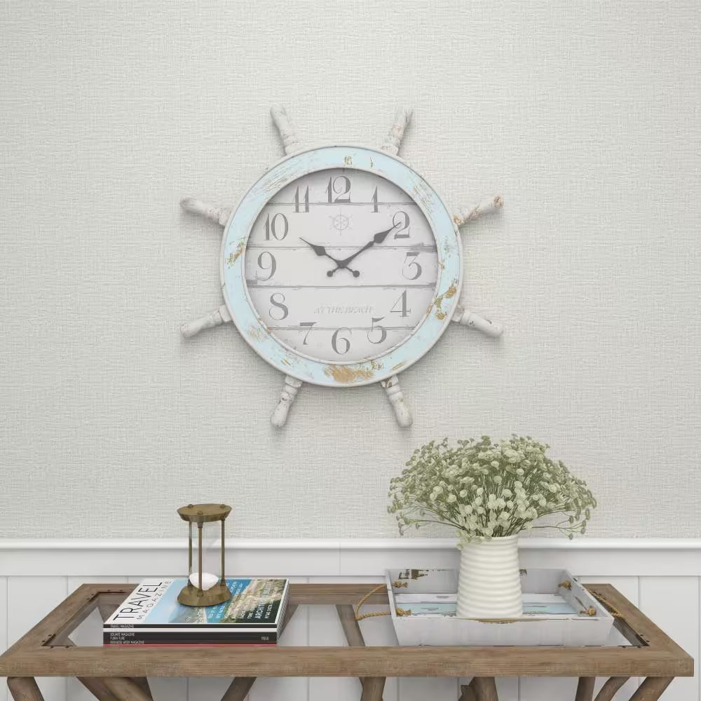 28 In. X 28 In. Blue Wood Ship Wheel Sail Boat Wall Clock