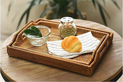 Hand-Woven Rattan Rectangular Serving Tray with Handles for Breakfast, Drinks, Snack for Coffee Table (14.5X10.2X1.4Inches)