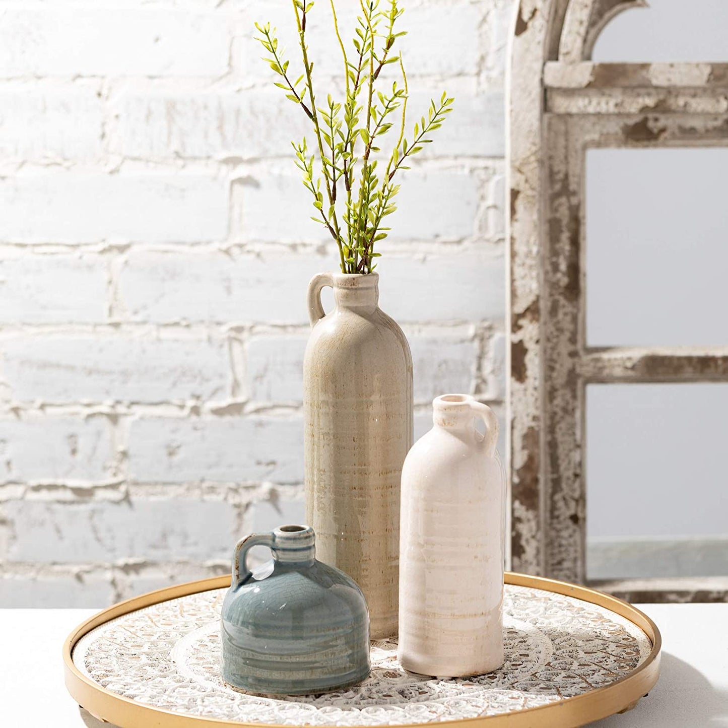 Ceramic Jug Vase Set, Farmhouse Decor, Kitchen, Bedroom, Office, Living Room, Bathroom, & Coffee Table Centerpiece Decorations, Vases for Decor, Mantle & Shelf Decor (CM2431)