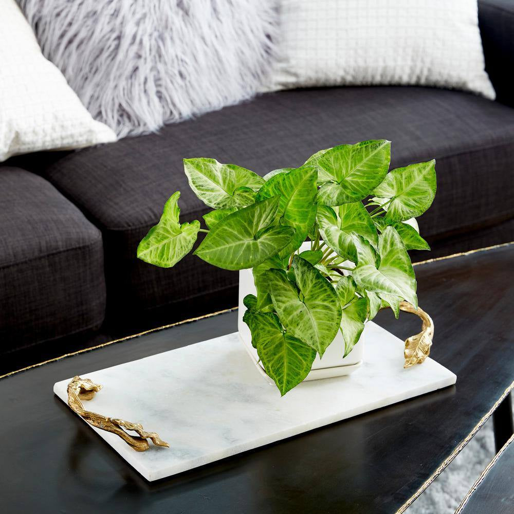 White Marble Decorative Tray with Gold Twisted Leaf Handles