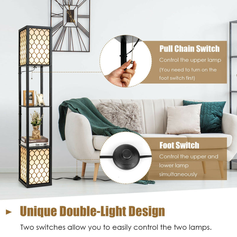 Modern Shelf Freestanding Floor Lamp with Double Lamp Pull Chain and Foot Switch