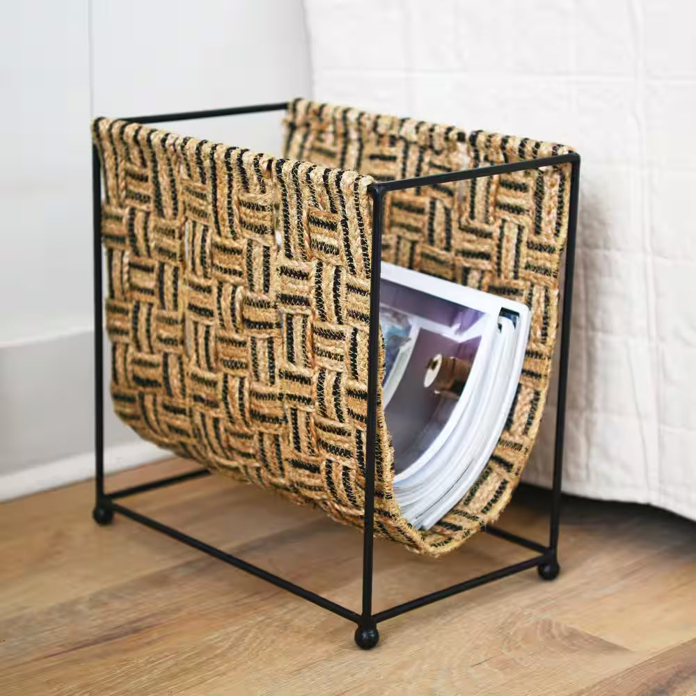 Woven Jute and Metal Magazine Holder in Beige and Black