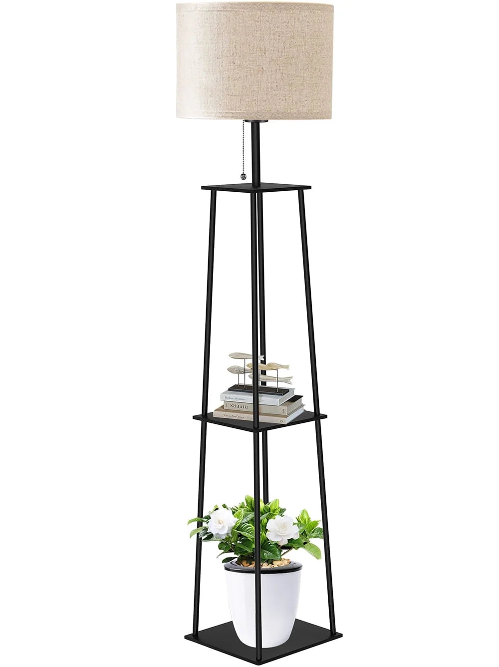 65" Floor Lamp with Shelves, 3 Color Temperature Bulbs, Stepless Dimming, Remote Control - Modern Square Stand, Cylindrical Linen Lampshade, Black