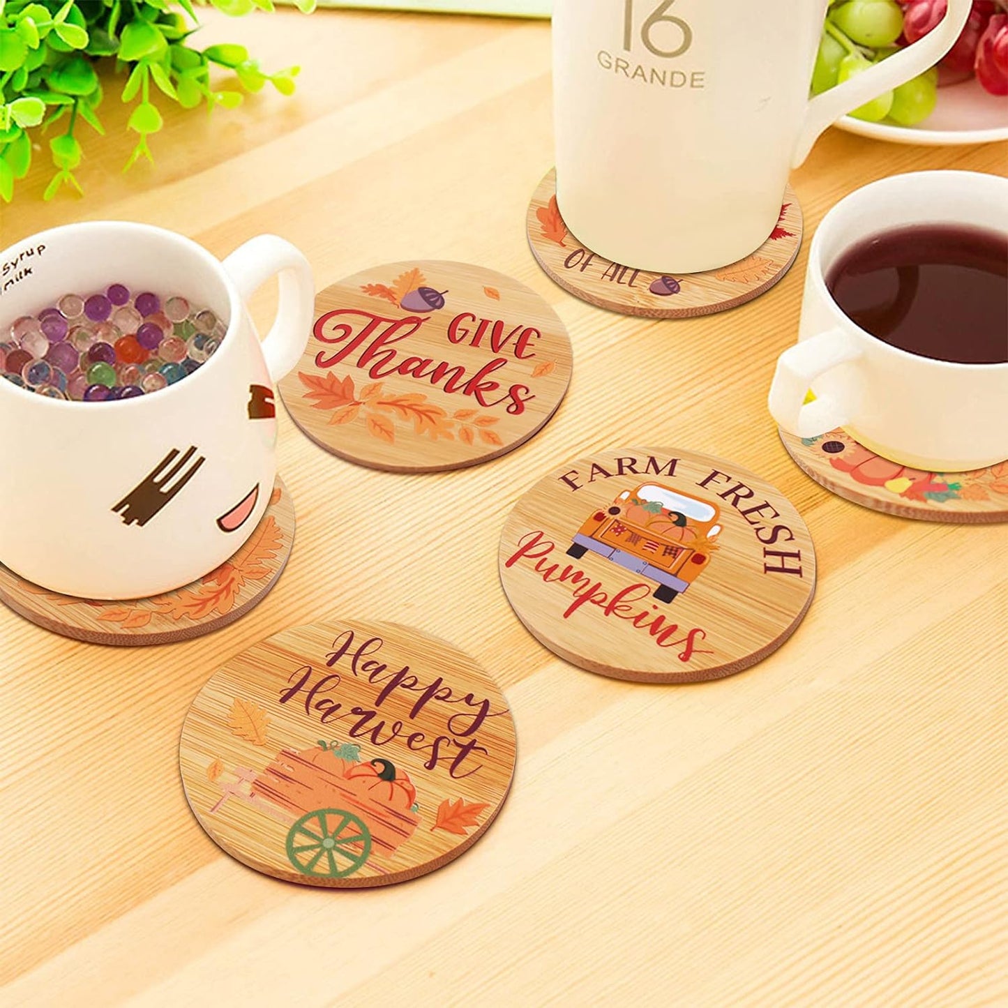 Thanksgiving Fall Wood Drink Coaster, Bamboo round Set of 6 Drink Coasters for Tabletop Protection Glass Cup Bottle Heat Resistant Farmhouse Rustic Home Decor Housewarming Harvest Gift Idea