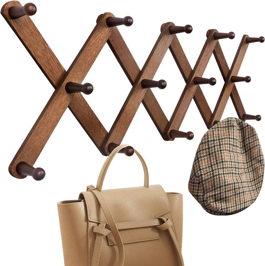 Wood Accordion Wall Hanger, Expandable Coat Rack Wall Mount with 14 Pegs, Expanding Hat Rack for Wall, X Shape, 27"×10", Walnut Color