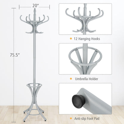 Wooden Standing Coat Rack Tree with 12 Hooks and Umbrella Stand