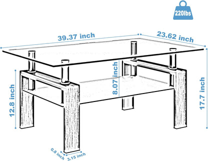 Modern Rectangle Glass Coffee Table Stylish Center Table for Living Room, Versatile Tempered Glass Coffee Table with Ample Storage Durable Metal Tube Design