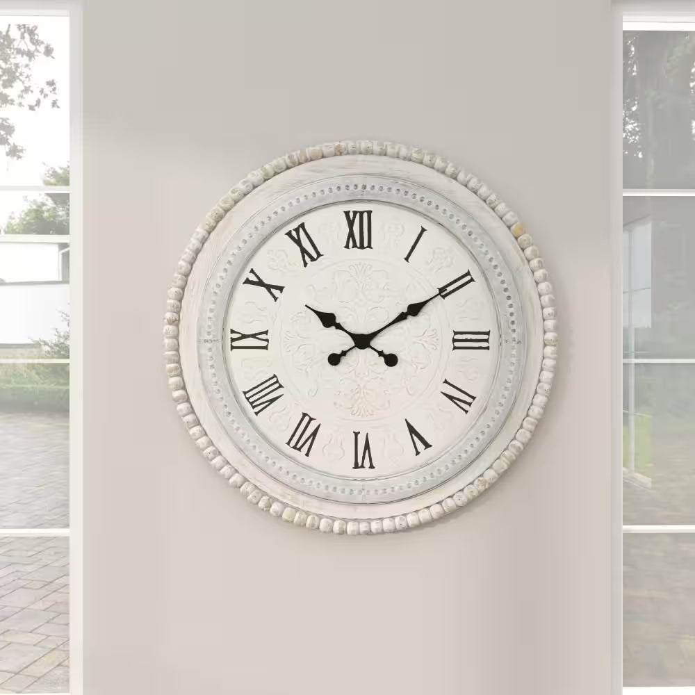 22 In. X 22 In. White Wood Carved Beading Wall Clock