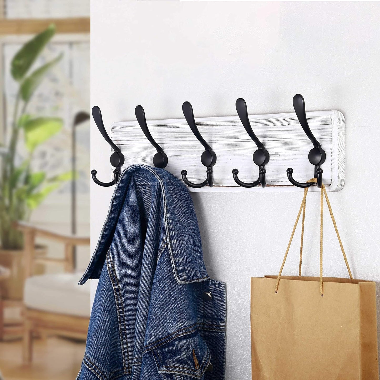 Rustic Wall Mounted Coat Rack: Pine Real Wood Plank Wall Coat Rack with 5 Triple Hooks, Farmhouse Coat Hanger Wall Mount for Hanging Backpack Jacket Coat Hat,Pack of 2