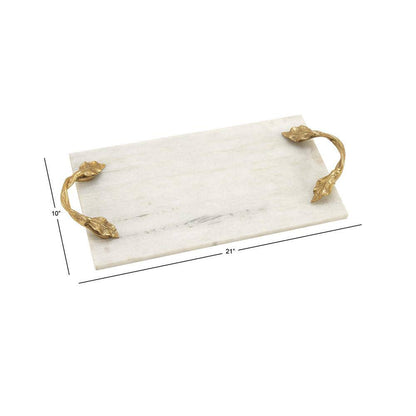 White Marble Decorative Tray with Gold Twisted Leaf Handles