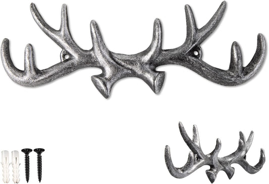 Vintage Cast Iron Deer Antlers Wall Mounted Hooks Antique Finish Metal Clothes Hanger Rack W/Hooks for Coats, Jackets, Purses and More | Includes Screws and Anchors | Silver with Black