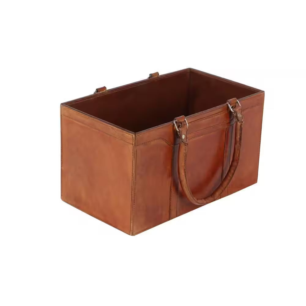 Brown Handmade Box Style Standing Magazine Holder with Detail Stitching and Curved Handles