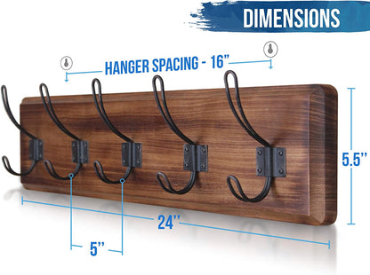 Dark Wash Brown Rustic Coat Rack Wall Mount with 5 Hooks, Solid Pine Wood 24 Inch Wall Hooks for Entryway, Mudroom, Hallway, Bathroom - Vintage Farmhouse Style Wall Mounted Towel Rack