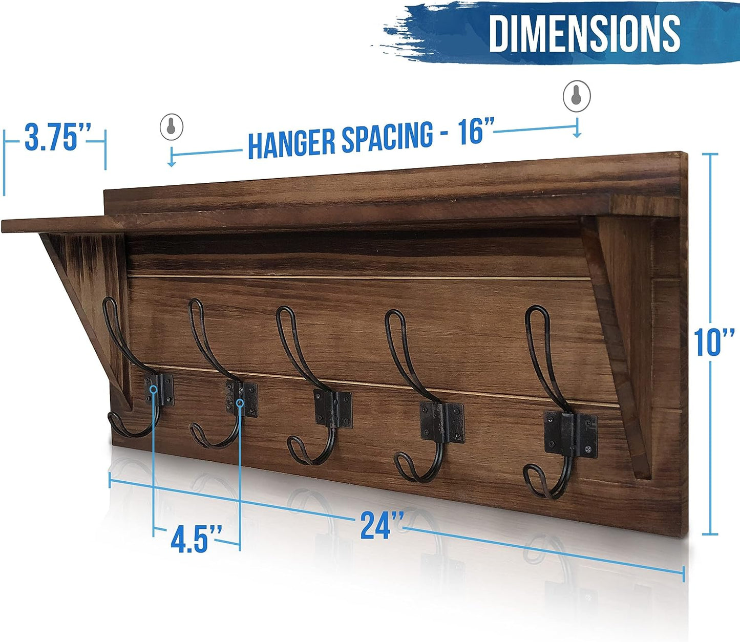 Rustic Brown Solid Wood Wall Mounted Coat Rack with Shelf, 5 Hooks, 24" Long - Kitchen, Mudroom, Entryway, Bathroom - Includes Mounting Hardware, Coat Hanger, Dog Leash Hooks