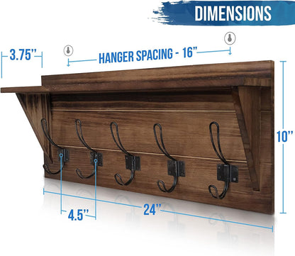 Rustic Brown Solid Wood Wall Mounted Coat Rack with Shelf, 5 Hooks, 24" Long - Kitchen, Mudroom, Entryway, Bathroom - Includes Mounting Hardware, Coat Hanger, Dog Leash Hooks