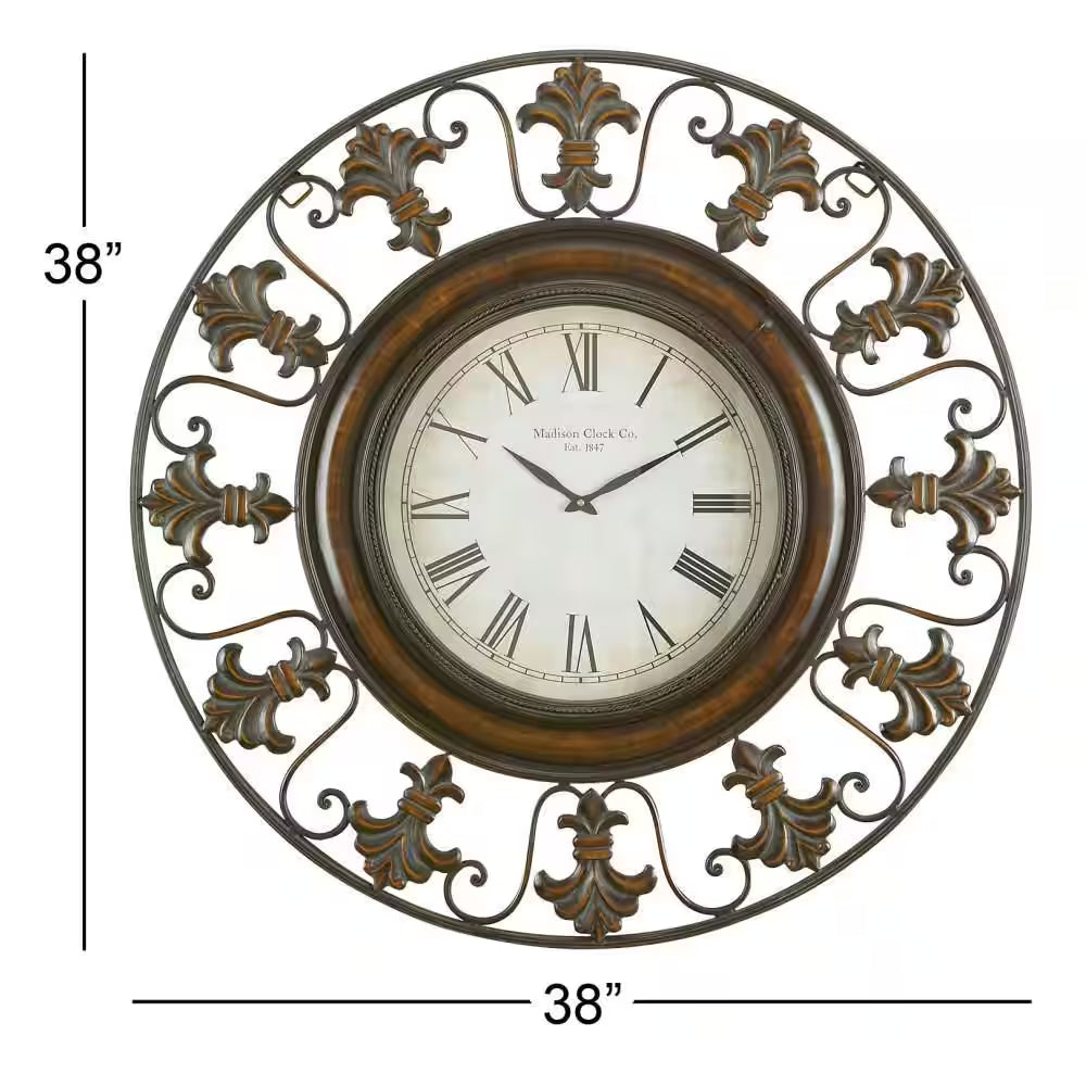 38 In. X 38 In. Brown Metal Fleur De Lis Wall Clock